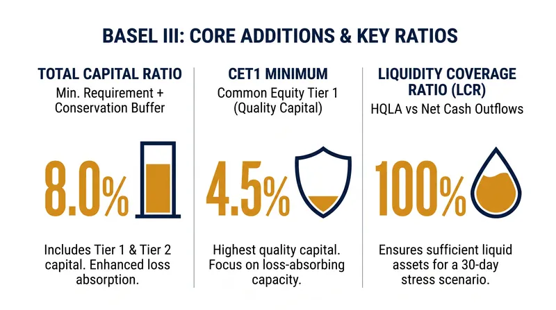 Basel III shifted the regulatory focus toward high-quality equity and strict liquidity floors.