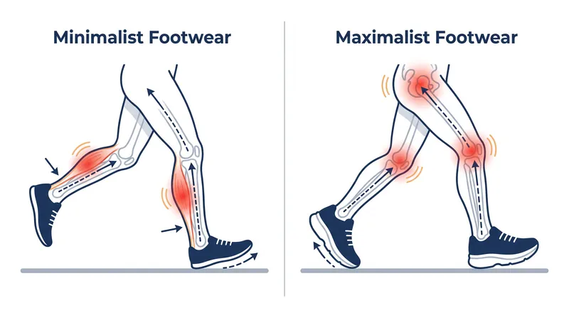 How footwear shifts the load: Minimalist shoes increase demand on the ankle and calf, while maximalist shoes often shift forces to the knee.