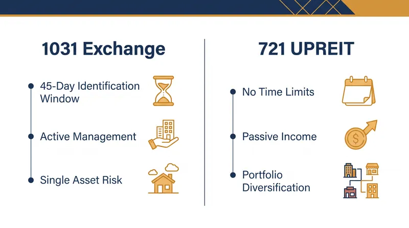 Comparing the structural differences between a 1031 Exchange and a Section 721 UPREIT Exchange.