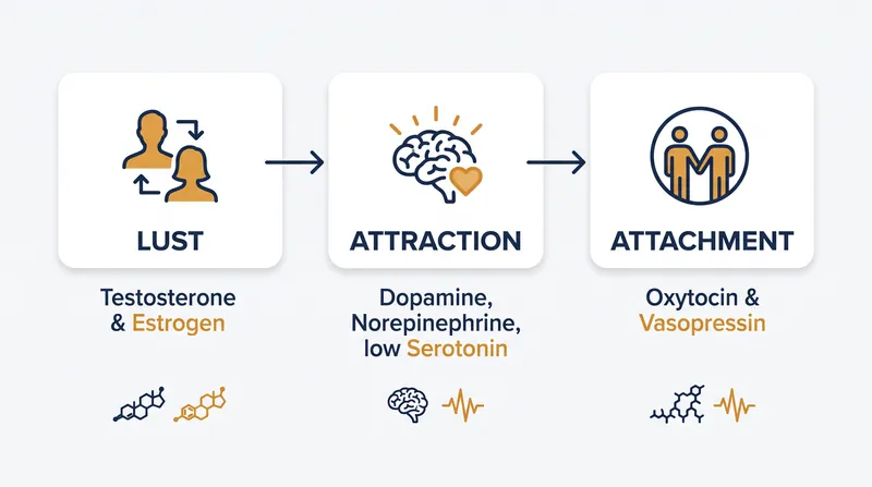 The three evolutionary stages of romantic love are governed by distinct neurochemical profiles.