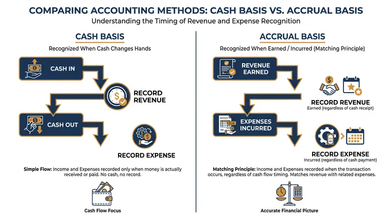 The fundamental difference in timing between cash and accrual recognition.