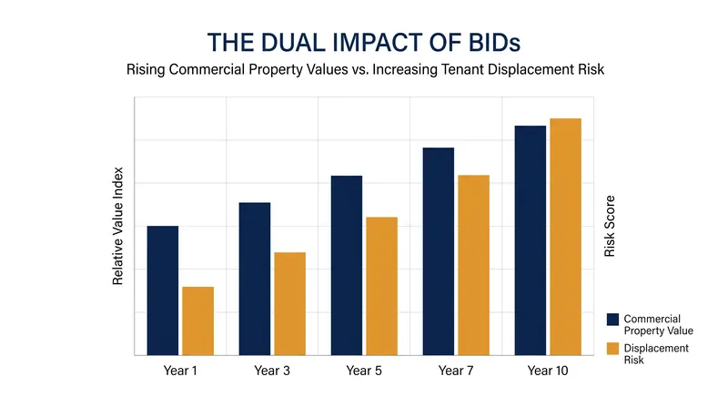 While BIDs consistently raise property values, they also introduce gentrification pressures for commercial tenants.