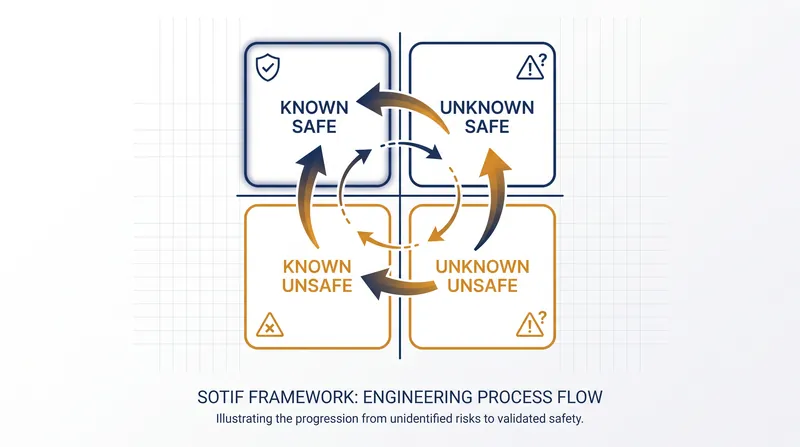 The SOTIF framework helps engineers identify and mitigate hazards that occur when a system works perfectly but encounters a confusing environment.