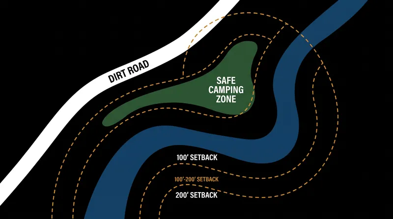 National Forest rules strictly mandate that campers set up at least 100 to 200 feet away from water sources.