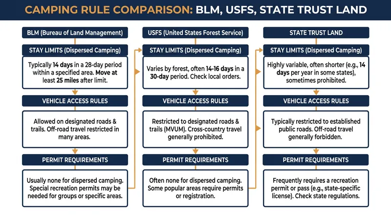 While BLM and USFS lands share a 14-day baseline limit, their vehicle access and setback rules differ significantly.