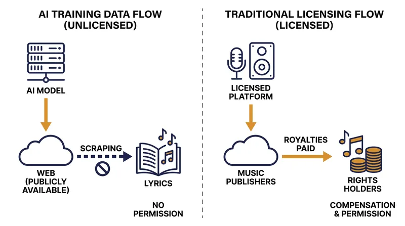 Music publishers argue that AI models bypass the established licensing frameworks used by traditional lyric aggregators.