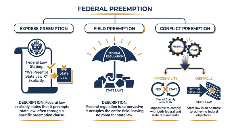 The Supreme Court categorizes preemption into three primary frameworks, each requiring a different judicial analysis.
