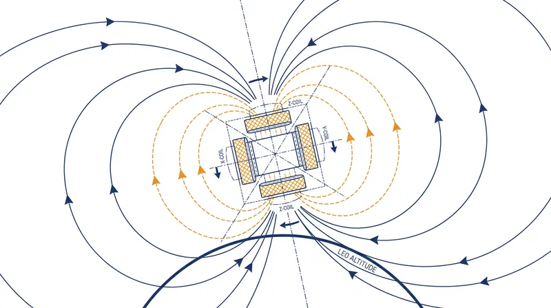 Magnetic torquers push against Earth's magnetic field to generate torque, requiring only solar power to operate.