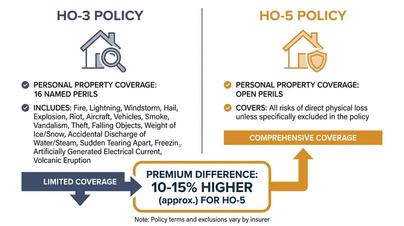 HO-5 policies offer broader 'open perils' coverage for personal property, typically at a 10% to 15% premium over standard HO-3 policies.