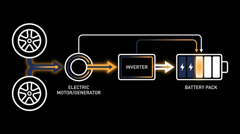 During deceleration, the motor acts as a generator, converting kinetic energy into alternating current before the inverter steps it to direct current for storage.