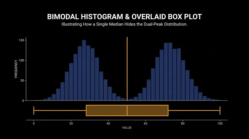 The primary limitation of the box plot: it obscures bimodal distributions by drawing a median line where few actual data points exist.