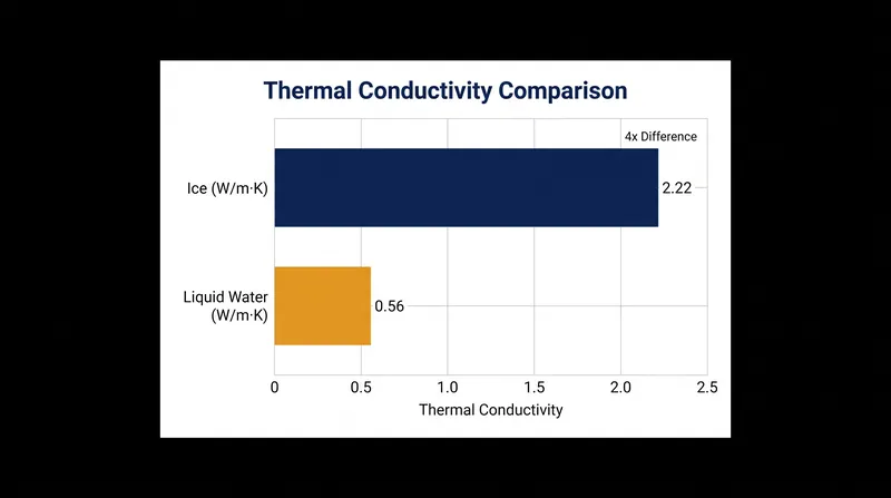 Because ice conducts heat faster than liquid water, freezing is thermodynamically faster than thawing.