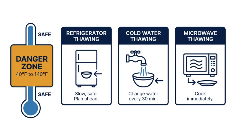 Safe thawing methods prevent the outer layers of food from entering the Danger Zone while the core remains frozen.