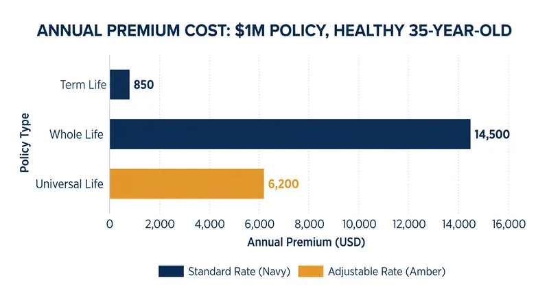 Permanent life insurance premiums are typically five to fifteen times higher than term policies for the same death benefit.