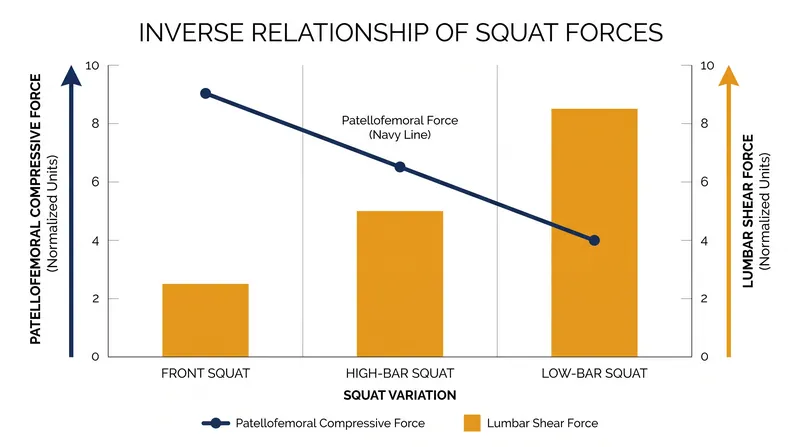 Joint stress trade-offs: Front squats minimize lumbar shear, while back squats alter knee compression.
