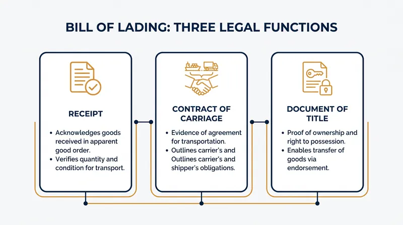 The three core legal functions of a Bill of Lading.