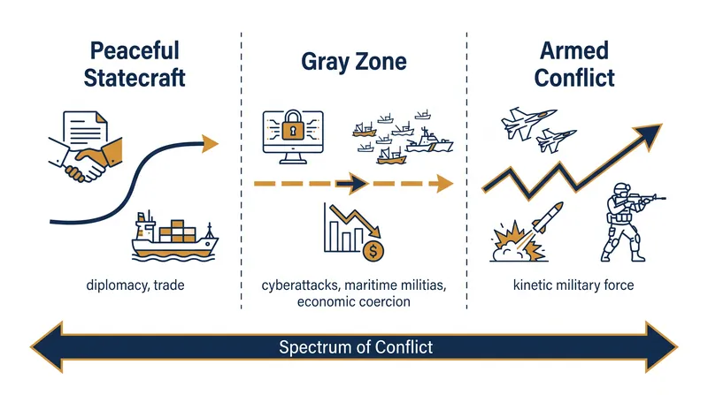 The spectrum of conflict, highlighting how gray zone tactics operate below the threshold of conventional war.