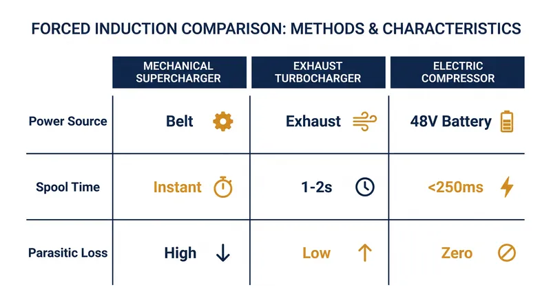 Comparing the power sources and efficiency trade-offs of the three primary forced induction systems.