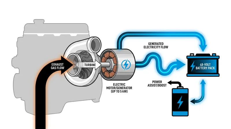 In generator mode, a hybrid turbocharger can recover up to 5 kW of waste heat energy from the exhaust stream.