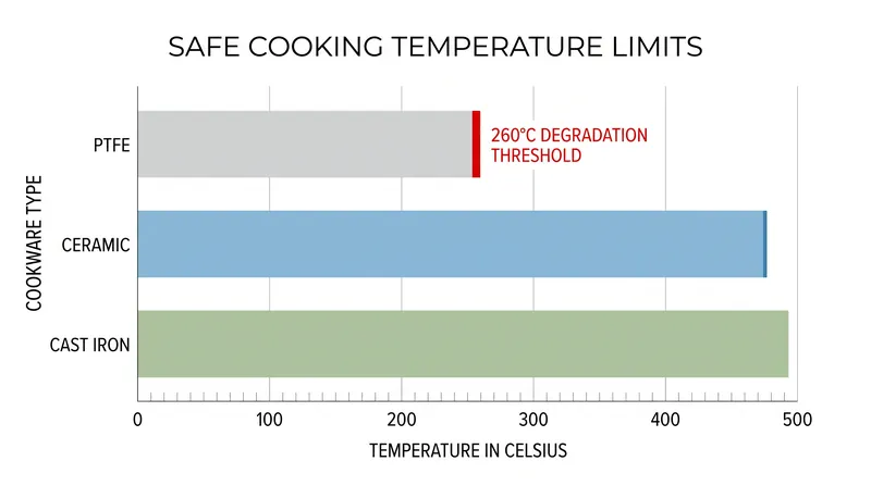 PTFE coatings degrade at 260°C (500°F), a threshold easily reached if an empty pan is preheated on high.
