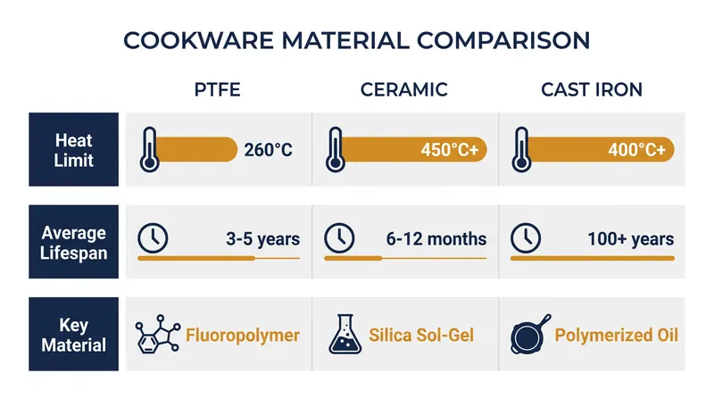 Comparing the thermal limits and expected lifespans of common skillet materials.