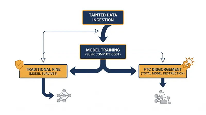 How algorithmic disgorgement shifts the regulatory penalty from a financial fine to the destruction of computational sunk costs.
