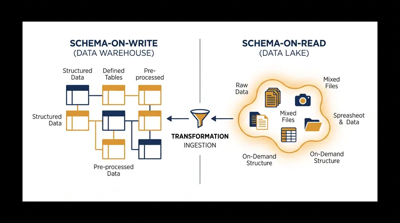 Warehouses require data to be structured before storage, while lakes accept raw files for later processing.