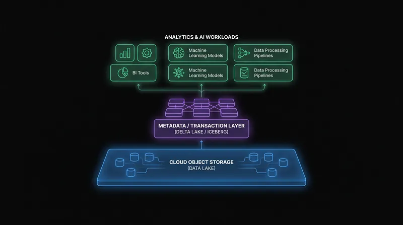 The lakehouse relies on a metadata layer to bring warehouse-like reliability to raw object storage.