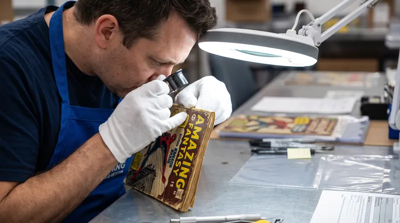 Graders use magnifying loupes to detect microscopic spine ticks and color-breaking creases.