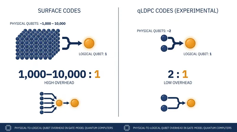 The massive physical-to-logical qubit overhead remains the primary bottleneck for scaling gate-model systems.