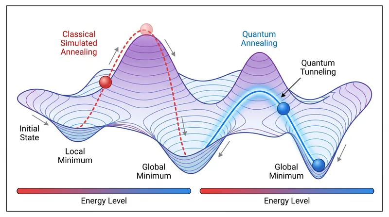 Quantum annealing leverages quantum tunneling to pass directly through energy barriers, finding the global minimum more efficiently.