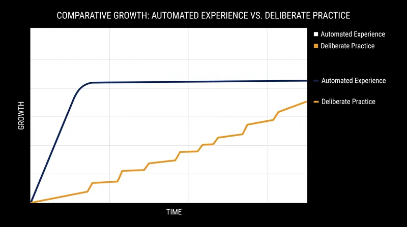Routine experience often leads to a plateau, whereas deliberate practice drives continuous skill adaptation.