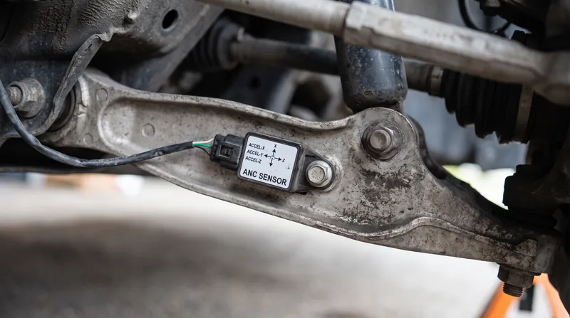 Accelerometers mounted to the suspension detect road vibrations milliseconds before the sound reaches the cabin.