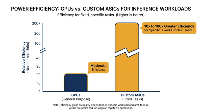 Custom ASICs offer massive power efficiency gains for inference, provided the model architecture remains unchanged.