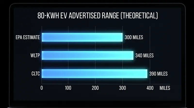 The exact same vehicle will display vastly different range estimates depending on the regulatory cycle used to certify it.