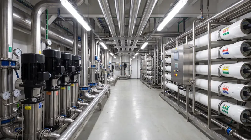 Reverse osmosis systems use high-pressure pumps to force seawater through microscopic filtration membranes.
