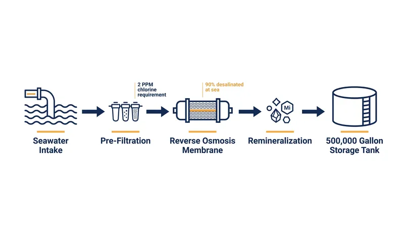 The multi-stage process of converting raw seawater into potable drinking water onboard.