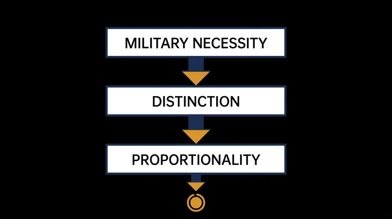 The sequential legal filters a military operation must pass to comply with international humanitarian law.