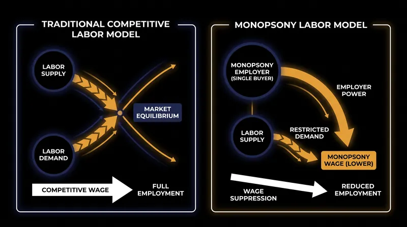 The traditional competitive model assumes perfect market conditions, while the monopsony model accounts for the wage-suppressing power of dominant local employers.