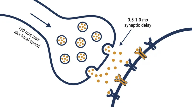 The chemical conversion at the synaptic cleft introduces a microsecond delay in signal transmission.