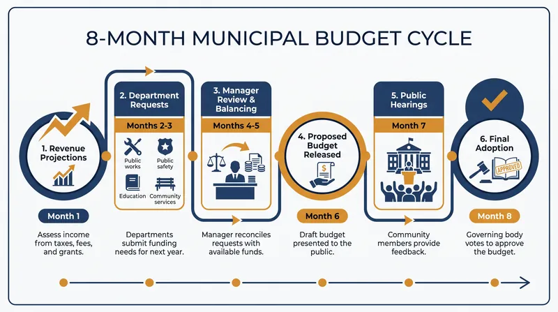 The typical municipal budget timeline from initial projections to final adoption.