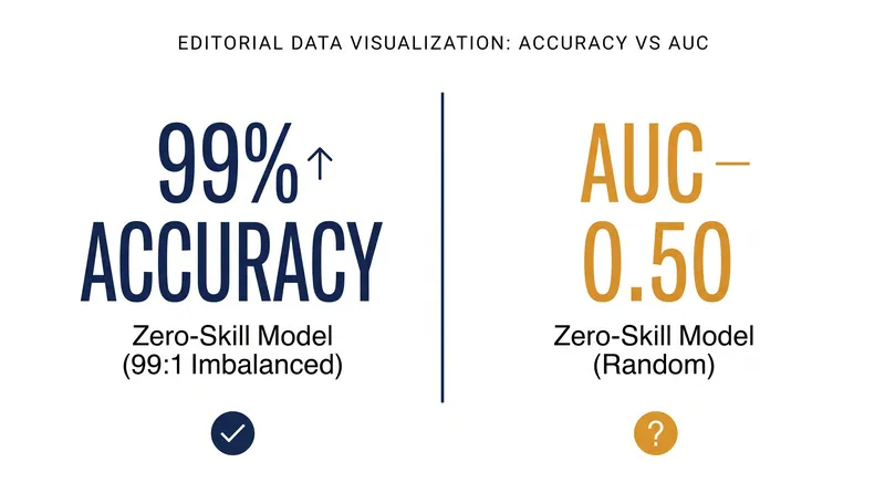 In highly imbalanced datasets, a useless model can achieve 99% accuracy, but its AUC score of 0.5 reveals its true lack of predictive power.