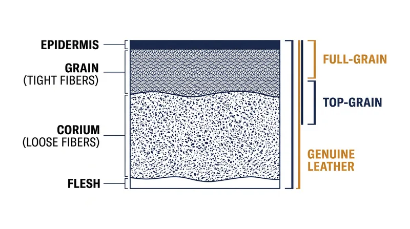 Leather grades are determined by which layer of the hide is used, with the strongest fibers located at the very top.
