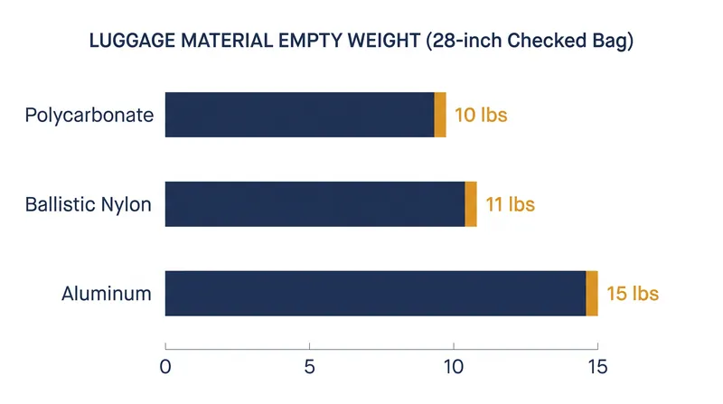 Aluminum luggage consumes significantly more of a standard 50-pound checked bag allowance than polycarbonate or nylon.
