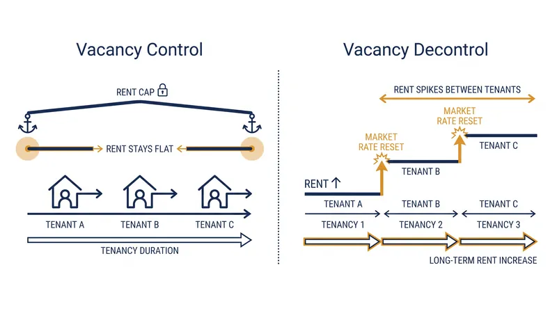 Vacancy decontrol allows property owners to reset rents to market rates between tenancies, unlike strict vacancy control.
