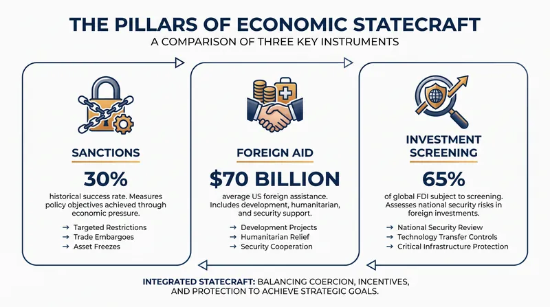 The three primary mechanisms of economic statecraft operate on different timelines and target distinct vulnerabilities.