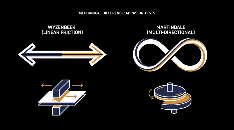 Wyzenbeek tests linear scraping, while Martindale tests multi-directional wear.