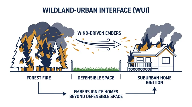 How wind-driven embers bypass traditional containment lines to ignite structures in the wildland-urban interface.