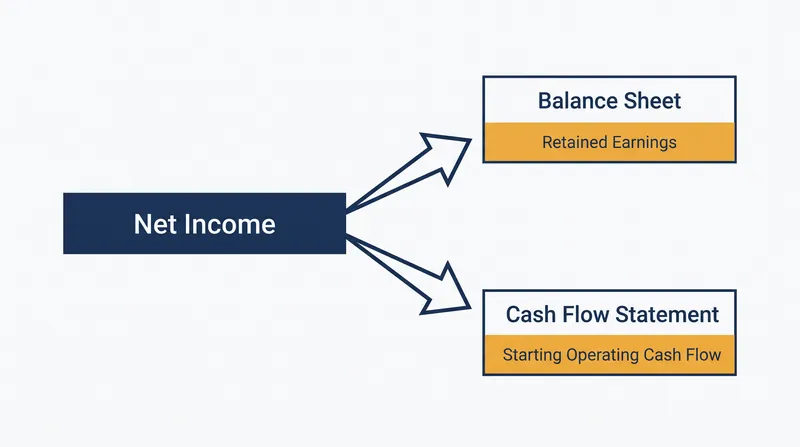 Net income serves as the primary bridge, flowing simultaneously into balance sheet equity and the top of the cash flow statement.