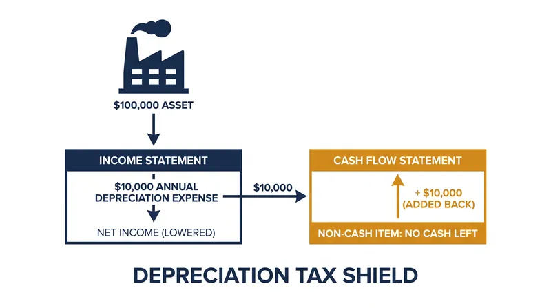 Depreciation lowers taxable income without consuming cash, requiring an add-back on the cash flow statement.